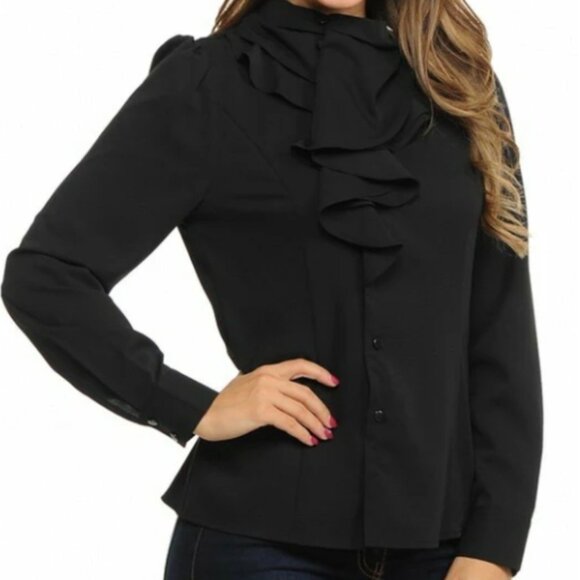 Sweet Habit Ruffle Button Down Casual Long Sleeve Black Blouse - Picture 3 of 5